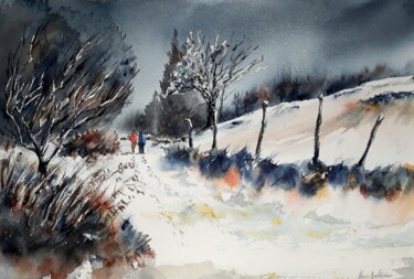 Painting titled "BALADE HIVERNALE" by Alain Devienne, Original Artwork, Watercolor