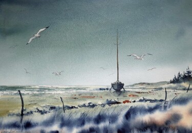 Painting titled "UN BATEAU POSÉ" by Alain Devienne, Original Artwork, Watercolor