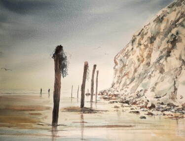 Painting titled "AU PIED DU CAP" by Alain Devienne, Original Artwork, Watercolor