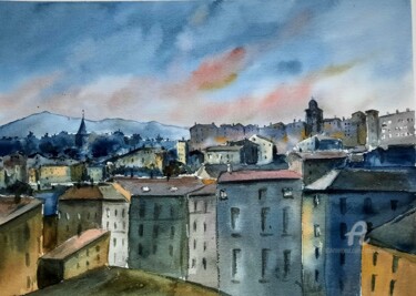 Pintura intitulada "ANNONAY AU CRÉPUSCU…" por Alain Devienne, Obras de arte originais, Aquarela