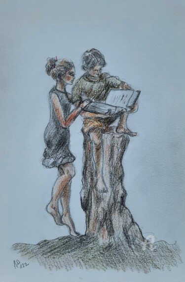 Tekening getiteld "LECTURE" door Alain Devienne, Origineel Kunstwerk, Potlood