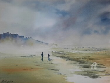 Painting titled "PLAGE DANS LA BRUME" by Alain Devienne, Original Artwork, Watercolor