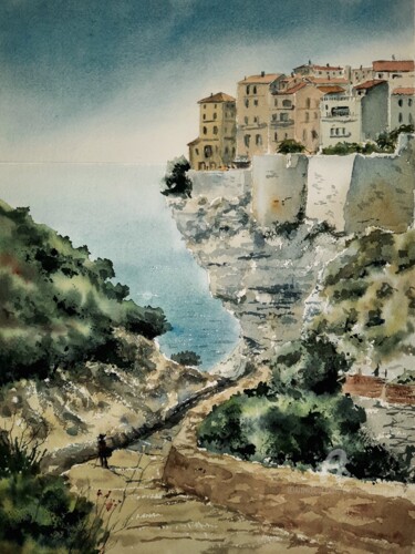 Painting titled "BONIFACCIO" by Alain Devienne, Original Artwork, Watercolor