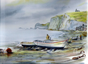 Peinture intitulée "Falaises à Etretat" par Alain Devienne, Œuvre d'art originale, Aquarelle