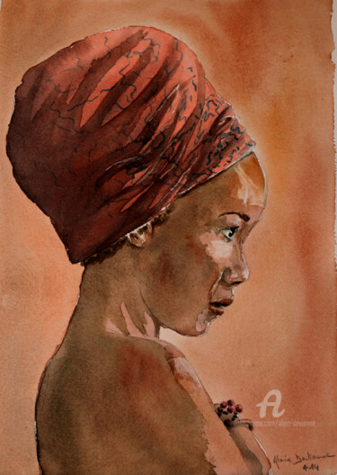 Peinture intitulée "Jeune Africaine" par Alain Devienne, Œuvre d'art originale, Aquarelle
