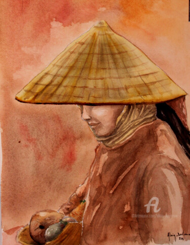 Painting titled "Asie" by Alain Devienne, Original Artwork, Watercolor