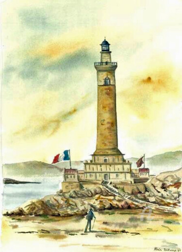 Painting titled "UN PHARE TON OCRE" by Alain Devienne, Original Artwork, Watercolor