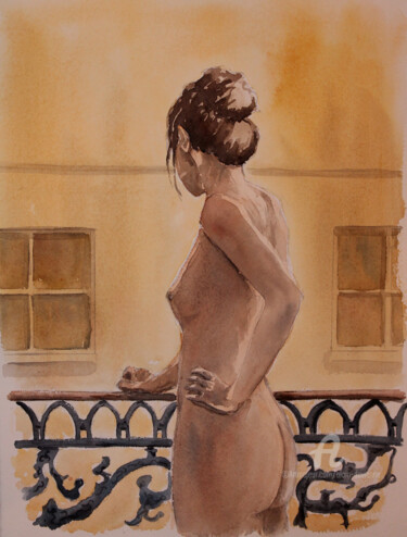 Painting titled "Nu au balcon" by Alain Devienne, Original Artwork, Watercolor