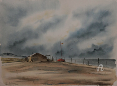 Painting titled "Cabane sur la plage" by Alain Devienne, Original Artwork, Watercolor