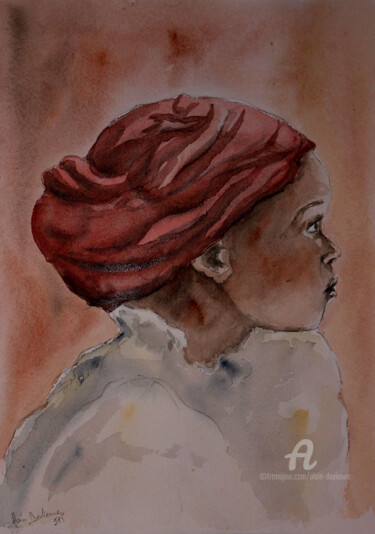 Painting titled "JEUNE AFRICAINE 2" by Alain Devienne, Original Artwork, Watercolor