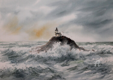 Painting titled "A L'ASSAUT DU PHARE" by Alain Devienne, Original Artwork, Watercolor