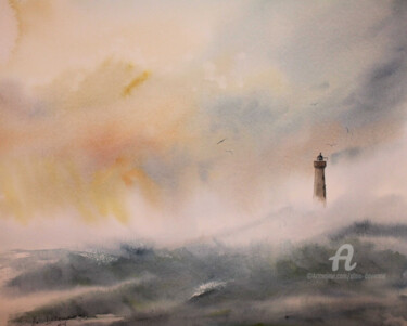 Painting titled "LE PHARE" by Alain Devienne, Original Artwork, Watercolor