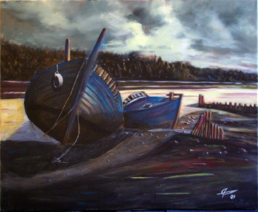 Malerei mit dem Titel "Cimetière de bateau…" von Alain Elshocht, Original-Kunstwerk, Öl