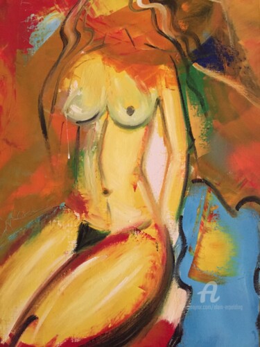 Painting titled "Jeune femme posant…" by Alain Erpelding, Original Artwork, Oil Mounted on Wood Stretcher frame