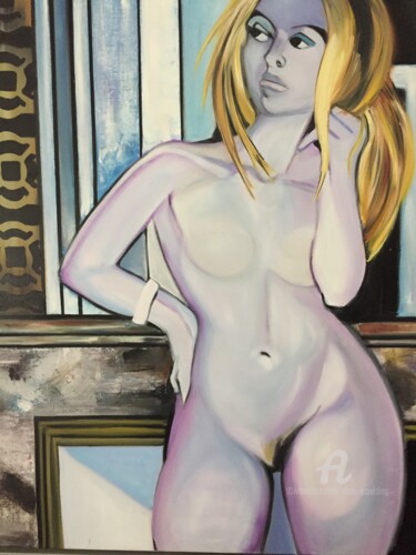 Painting titled "Femme blonde devant…" by Alain Erpelding, Original Artwork, Oil Mounted on Wood Stretcher frame