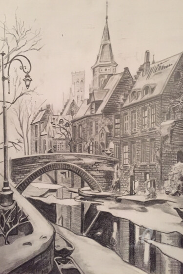Zeichnungen mit dem Titel "Kanal von Brügge, B…" von Alain Erpelding, Original-Kunstwerk, Bleistift