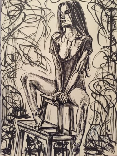 Drawing titled "Half-nude girl posi…" by Alain Erpelding, Original Artwork, Ink