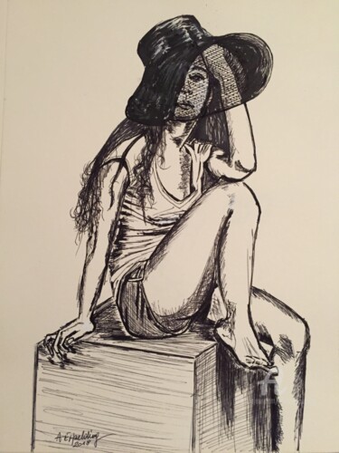 Zeichnungen mit dem Titel "Woman posing with h…" von Alain Erpelding, Original-Kunstwerk, Kugelschreiber