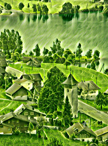 Arts numériques intitulée "Petit village au lac" par Alain Erpelding, Œuvre d'art originale, Peinture numérique