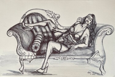 Drawing titled "Essai IX Femme posa…" by Alain Erpelding, Original Artwork, Ink