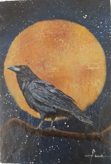 Peinture intitulée "Corbeau au clair de…" par Alain Favé, Œuvre d'art originale, Acrylique