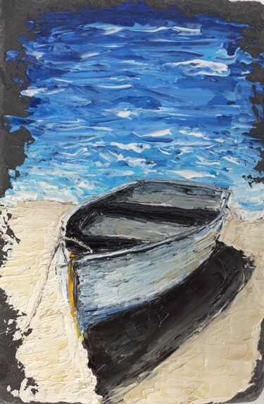 Peinture intitulée "La barque sur le sa…" par Alain Favé, Œuvre d'art originale, Huile
