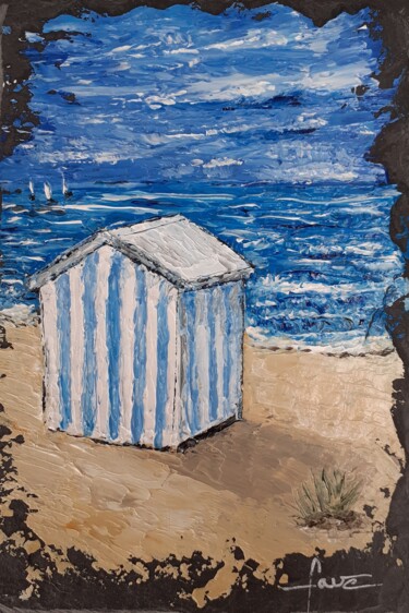 Painting titled "Cabine sur la plage" by Alain Favé, Original Artwork, Oil