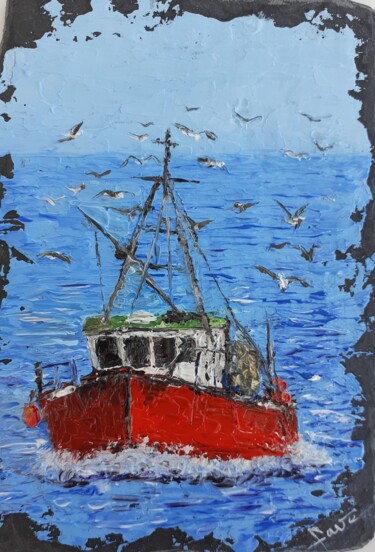 Peinture intitulée ""Retour de pêche"" par Alain Favé, Œuvre d'art originale, Huile