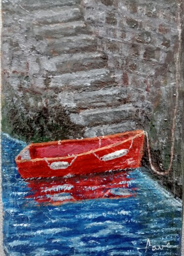Painting titled "La barque rouge à q…" by Alain Favé, Original Artwork, Acrylic