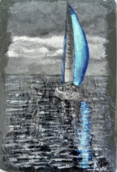 Painting titled "Voiles bleues" by Alain Favé, Original Artwork, Acrylic Mounted on Stone
