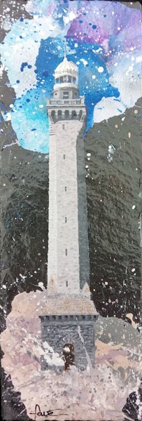 Painting titled ""Phare Eckmühl"" by Alain Favé, Original Artwork, Acrylic Mounted on Stone