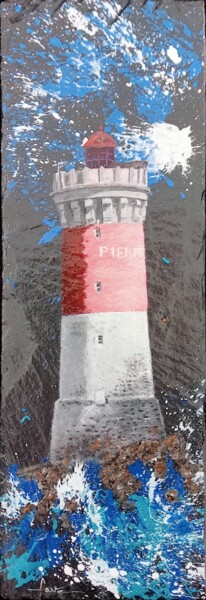 Painting titled "Phare Pierres noires" by Alain Favé, Original Artwork, Acrylic Mounted on Stone
