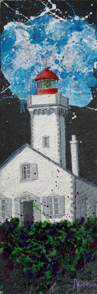 Painting titled "Phare Les Poulains…" by Alain Favé, Original Artwork, Acrylic Mounted on Stone