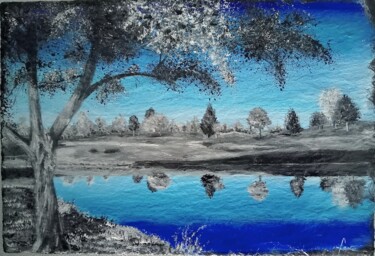 Painting titled "Paysage bleu" by Alain Favé, Original Artwork, Acrylic Mounted on Stone