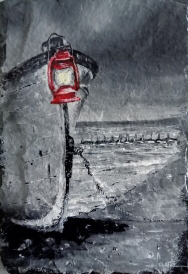 Peinture intitulée "Lanterne rouge" par Alain Favé, Œuvre d'art originale, Acrylique Monté sur Pierre