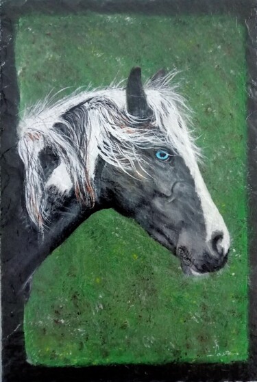 Peinture intitulée "Le cheval aux yeux…" par Alain Favé, Œuvre d'art originale, Acrylique Monté sur Pierre