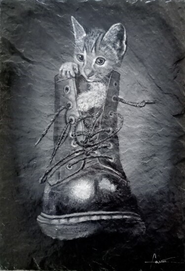 Ζωγραφική με τίτλο "Le chaton dans le g…" από Alain Favé, Αυθεντικά έργα τέχνης, Ακρυλικό Τοποθετήθηκε στο Πέτρα
