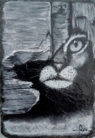 Painting titled ""Le chat caché"" by Alain Favé, Original Artwork, Acrylic Mounted on Stone