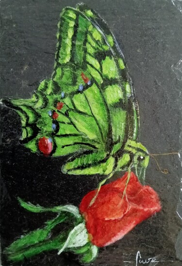 Peinture intitulée "Papillon vert et la…" par Alain Favé, Œuvre d'art originale, Acrylique Monté sur Pierre