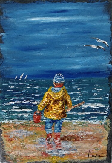 Pintura titulada "A la plage" por Alain Favé, Obra de arte original, Acrílico Montado en Piedra