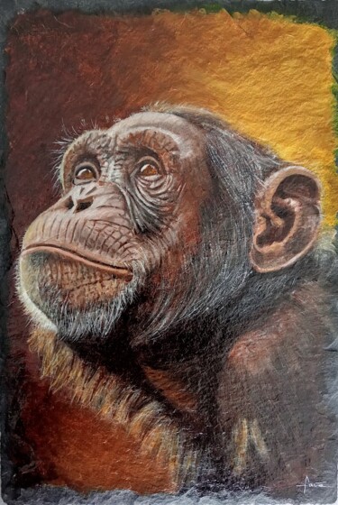 Painting titled ""Chimpanzé"" by Alain Favé, Original Artwork, Oil Mounted on Stone