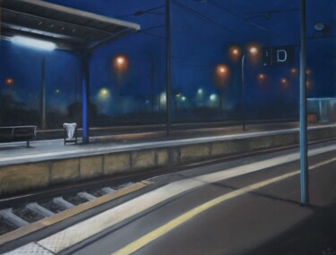 Painting titled "La gare" by Alain Fortier, Original Artwork, Pastel