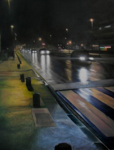 Painting titled "La nuit, la pluie" by Alain Fortier, Original Artwork, Pastel