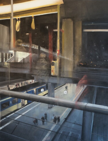Painting titled "Centraal station" by Alain Fortier, Original Artwork, Pastel