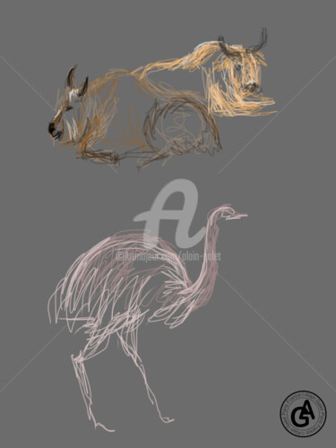 Digitale Kunst mit dem Titel "Yak and ostrich" von Alain Galet, Original-Kunstwerk, Digitale Malerei