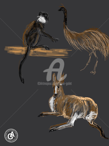 Digital Arts titled "Monkey, ostrich and…" by Alain Galet, Original Artwork, Digital Painting