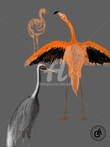 Digital Arts titled "Crane and flamingo" by Alain Galet, Original Artwork, Digital Painting