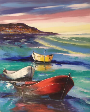 Painting titled "Les barques" by Alain Garcia, Original Artwork, Oil