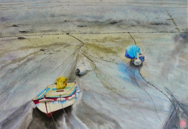 Peinture intitulée "Marée d'équinoxe" par Alain Gervais, Œuvre d'art originale, Aquarelle Monté sur Panneau de bois