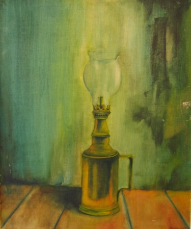 Peinture intitulée "La lampe à pétrole" par Alain Lamy, Œuvre d'art originale, Huile Monté sur Panneau de bois
